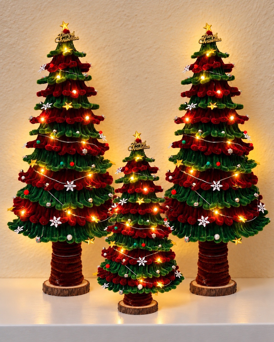 Three red and green handcrafted Christmas trees with warm glowing lights
