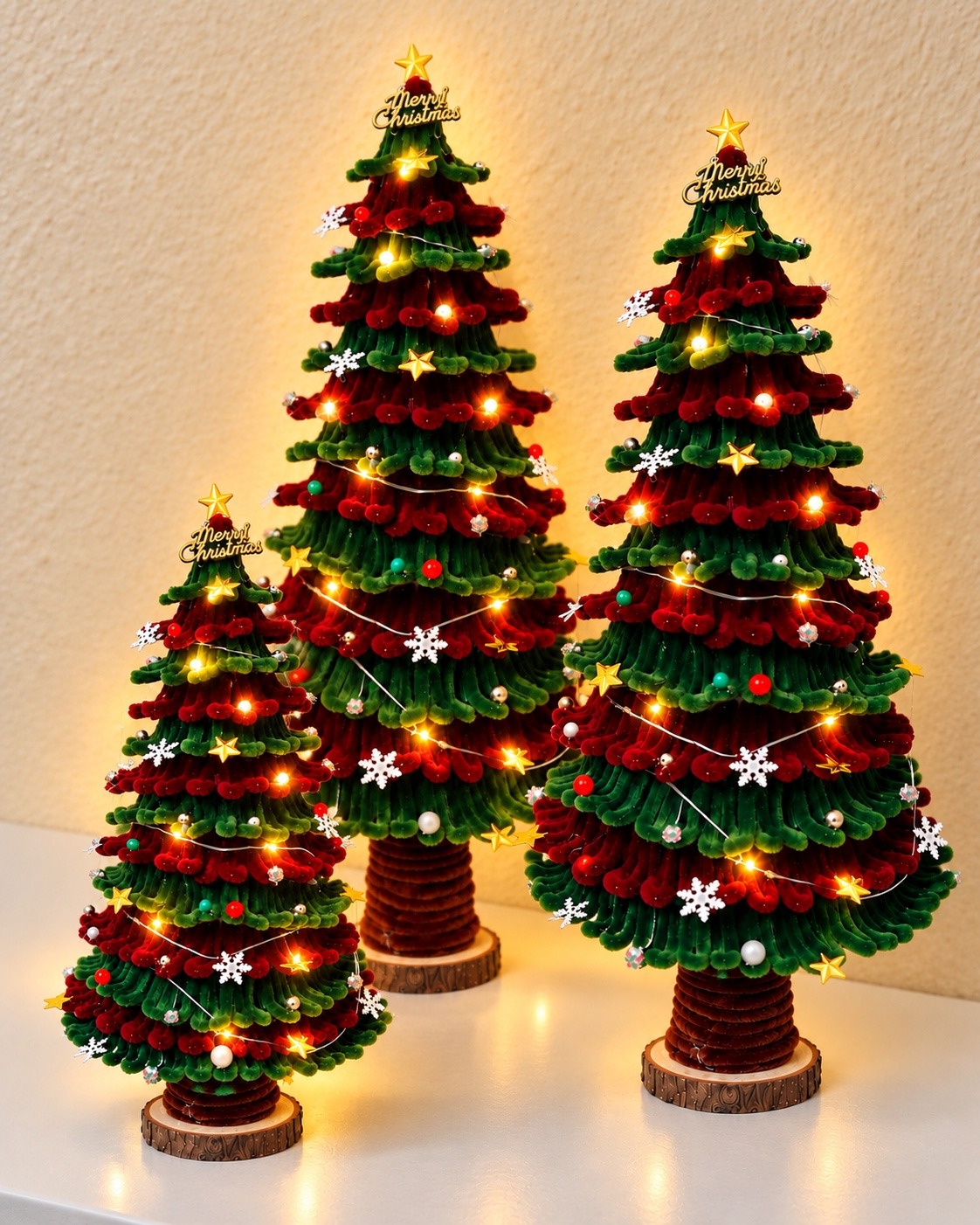 Three handcrafted Christmas trees in different sizes with warm lights and wooden bases