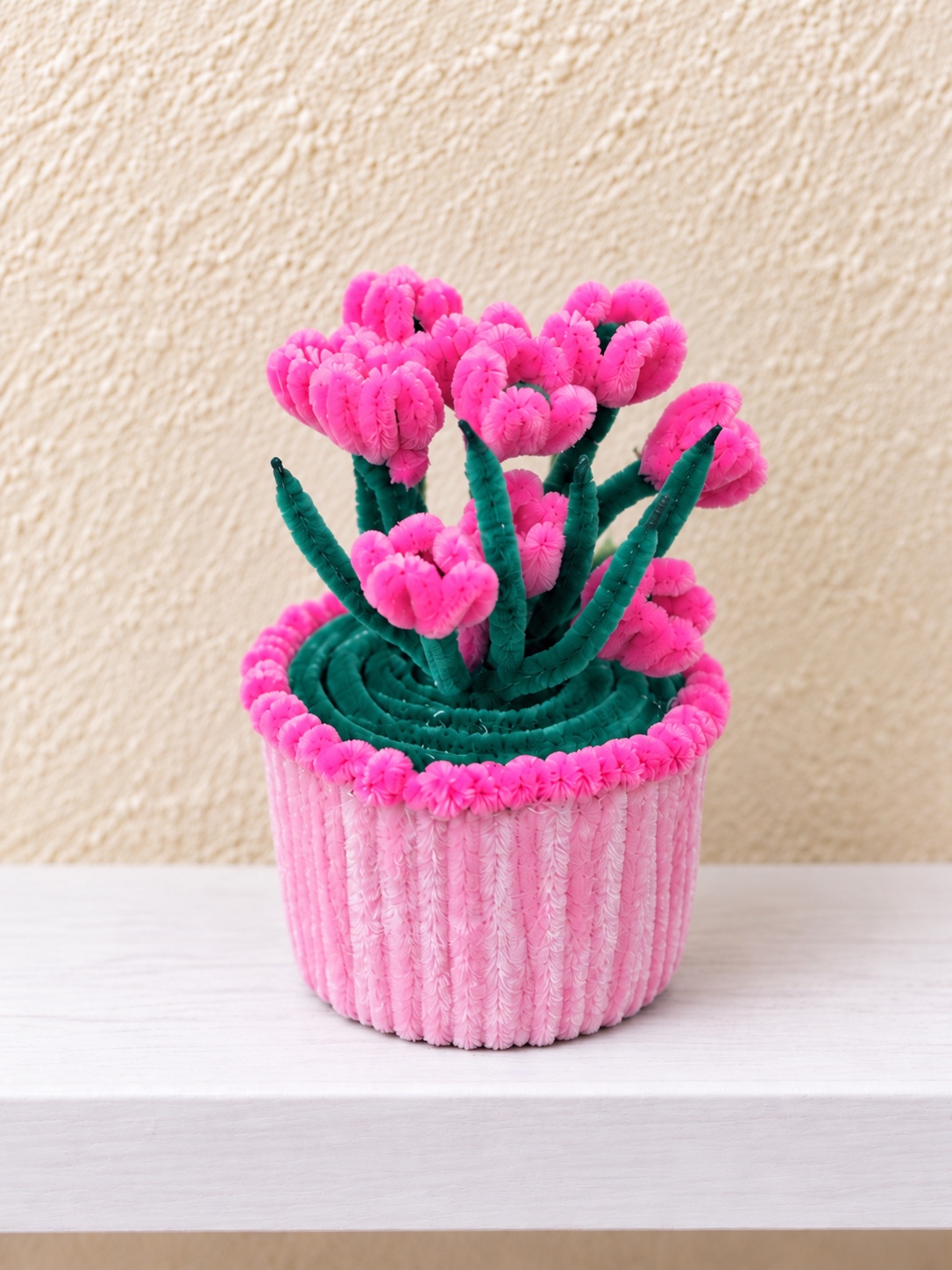 Pink tulip pot — handcrafted flower arrangement