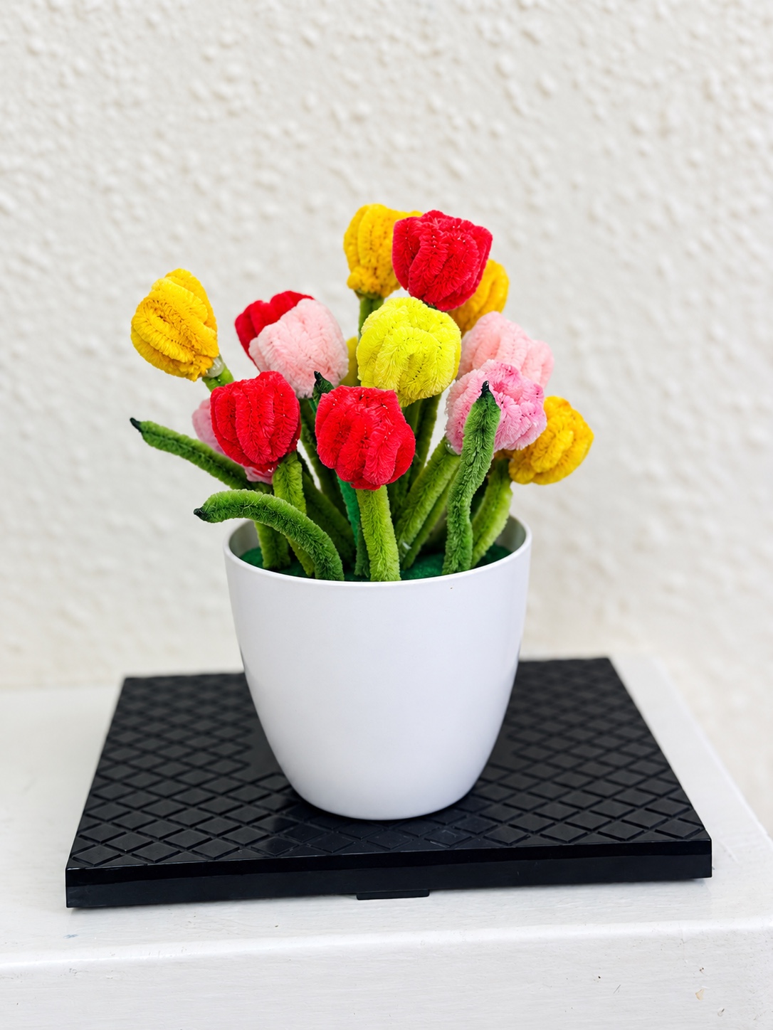 Colourful tulip pot — handcrafted flower arrangement