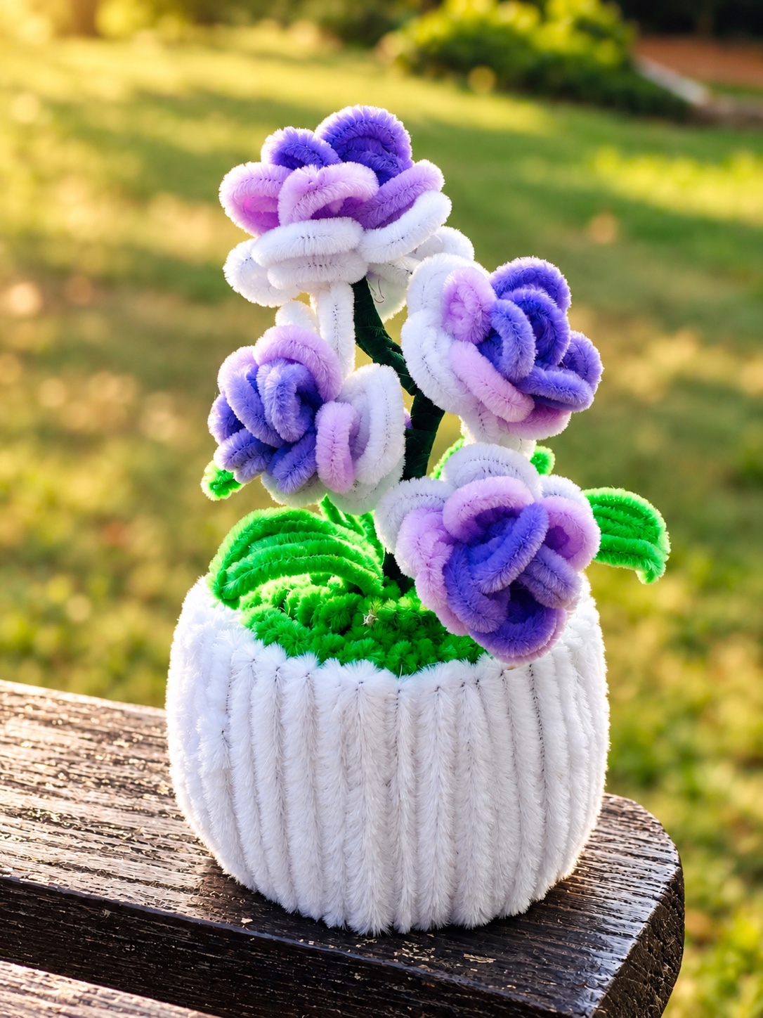 Purple and white rose pot — handcrafted flower arrangement