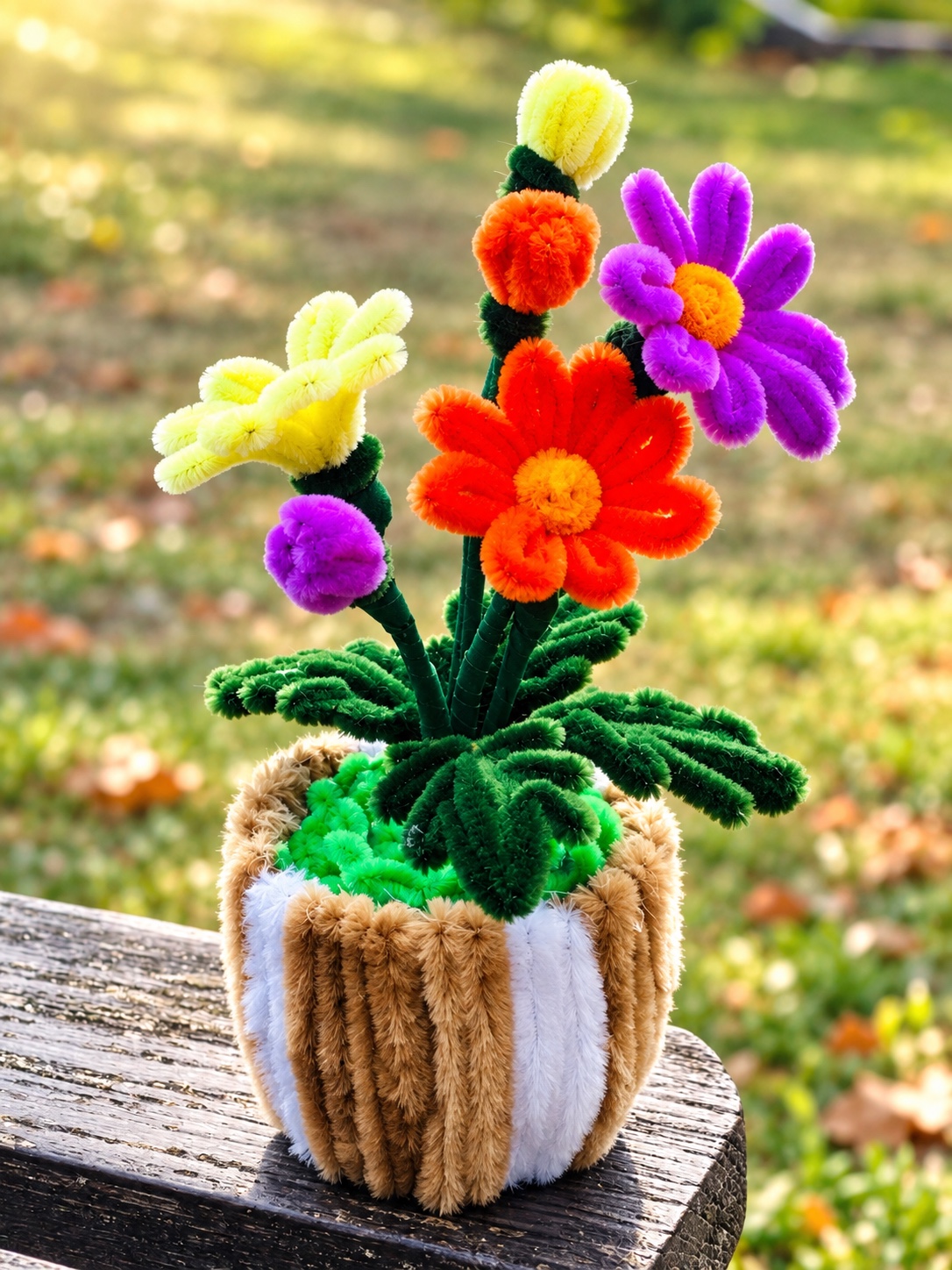 Orange and purple flower pot — handcrafted flower arrangement