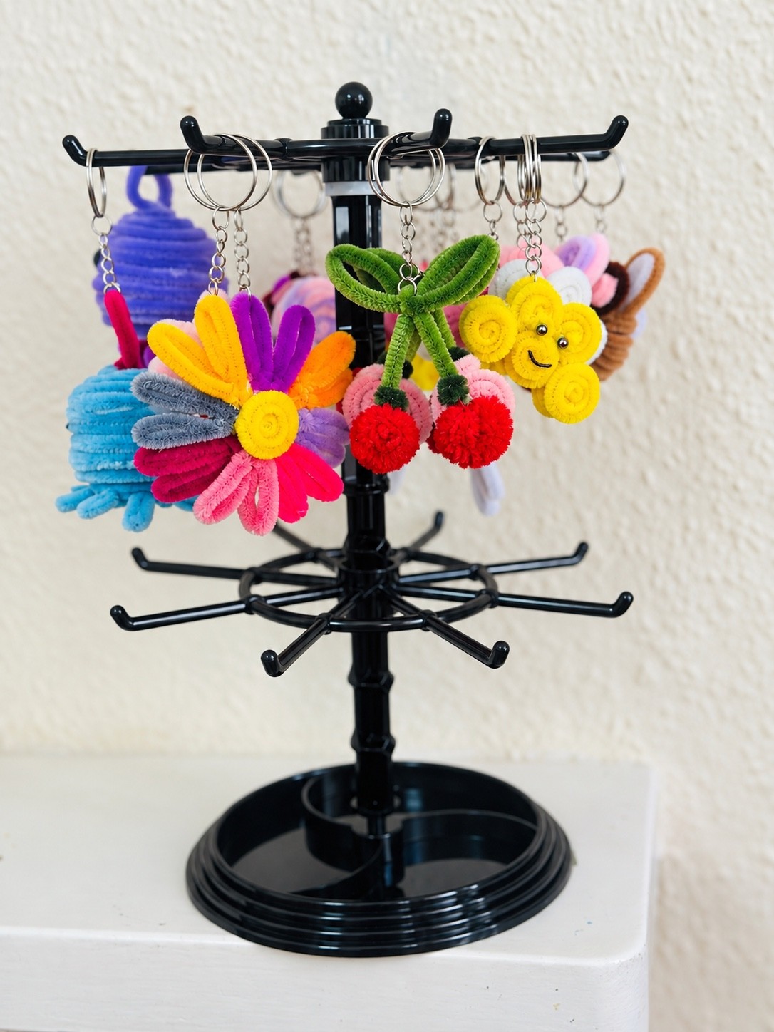 Colourful handmade flower, red cherry and smiling yellow flower keyrings